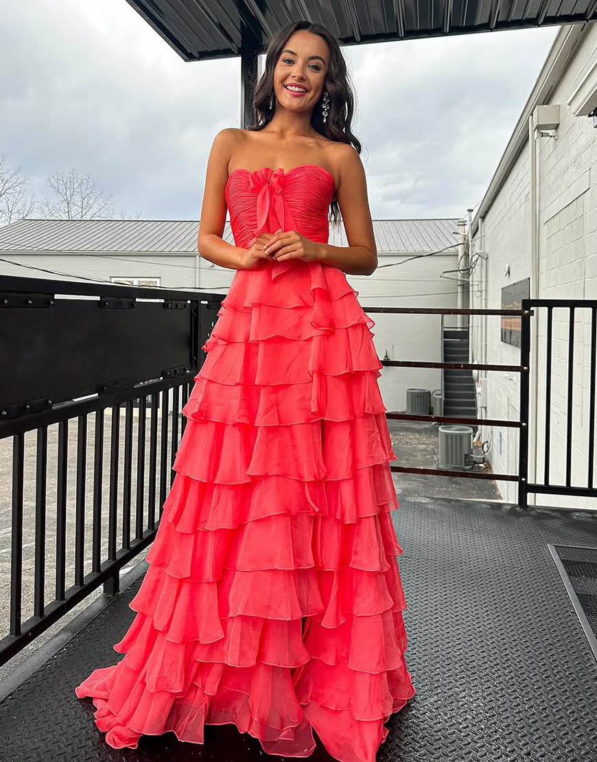 Fuchsia A-Line Strapless Ruffles Bow Long Prom Dress with Slit