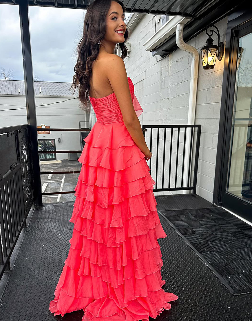 Fuchsia A-Line Strapless Ruffles Bow Long Prom Dress with Slit