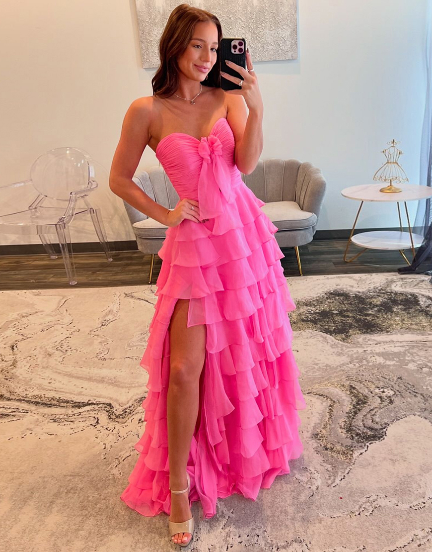 Fuchsia A-Line Strapless Ruffles Bow Chiffon Long Prom Dress with Slit