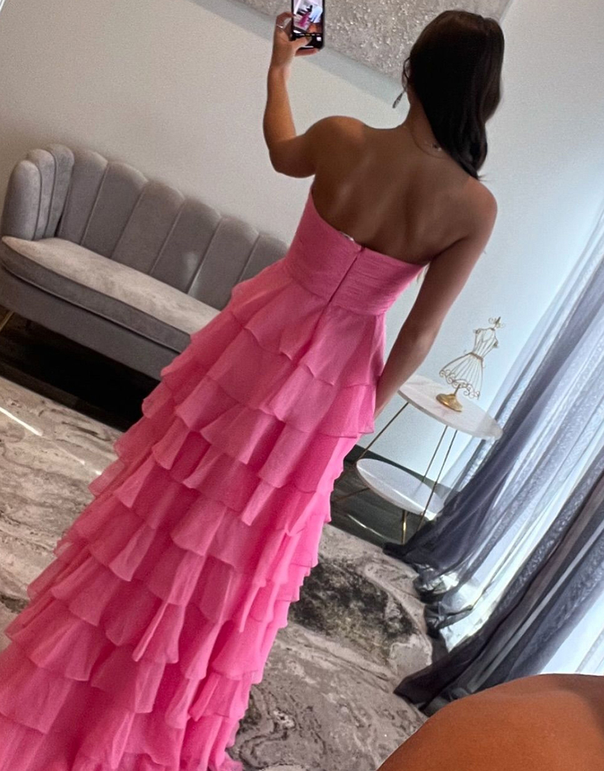 Fuchsia A-Line Strapless Ruffles Bow Chiffon Long Prom Dress with Slit