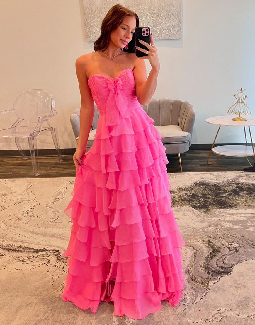 Fuchsia A-Line Strapless Ruffles Bow Chiffon Long Prom Dress with Slit