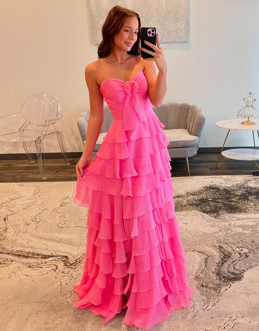 Fuchsia A-Line Strapless Ruffles Bow Chiffon Long Prom Dress with Slit