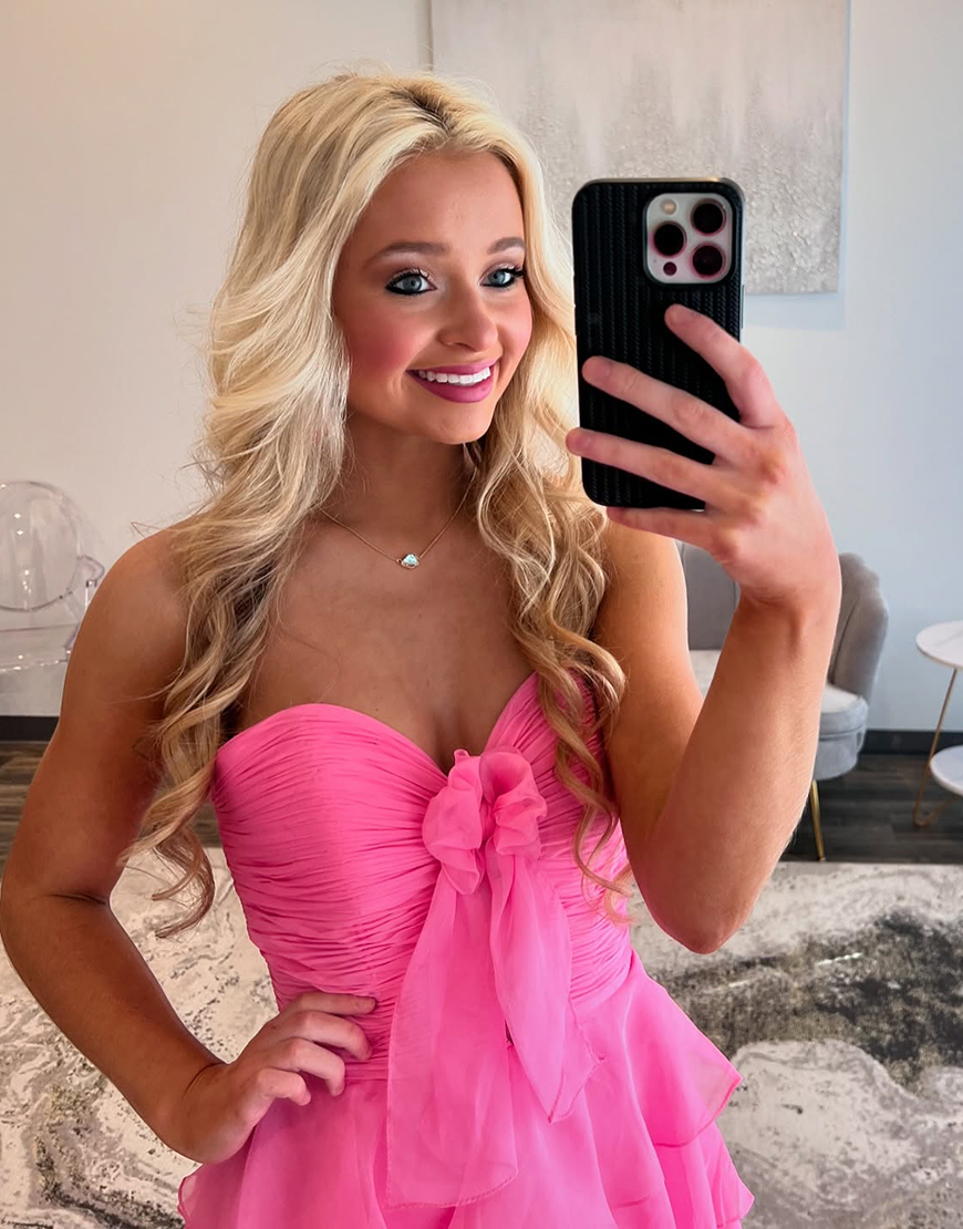 Fuchsia A-Line Strapless Ruffles Bow Long Prom Dress with Slit