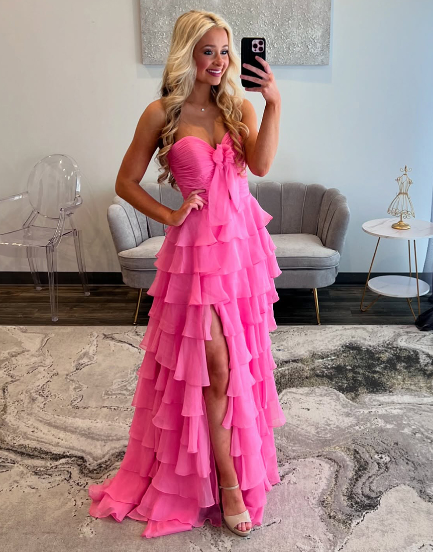 Fuchsia A-Line Strapless Ruffles Bow Long Prom Dress with Slit