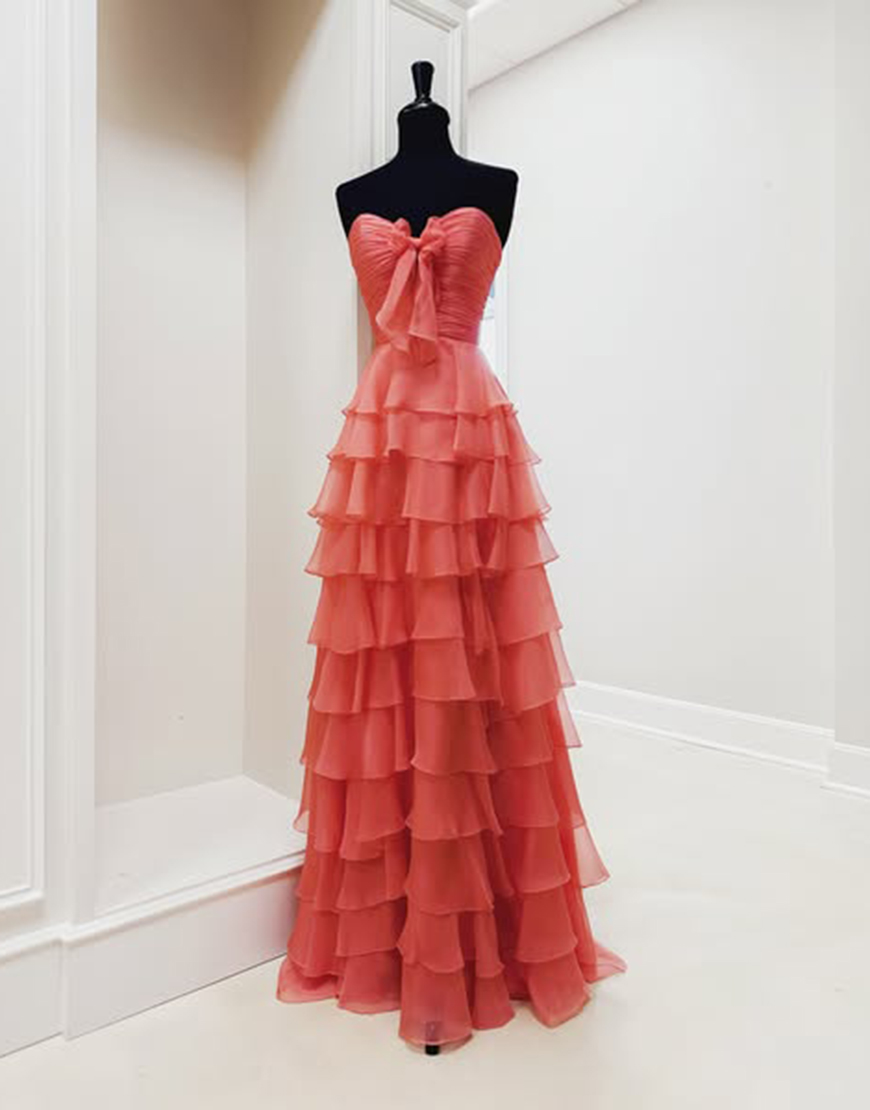 Fuchsia A-Line Strapless Ruffles Bow Long Prom Dress with Slit