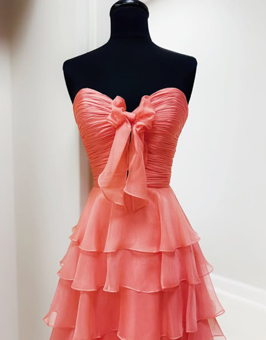 Fuchsia A-Line Strapless Ruffles Bow Long Prom Dress with Slit