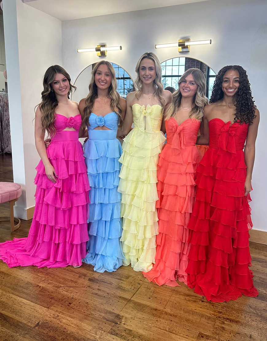 Fuchsia A-Line Strapless Ruffles Bow Long Prom Dress with Slit