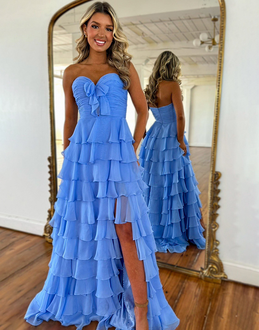 Fuchsia A-Line Strapless Ruffles Bow Chiffon Long Prom Dress with Slit