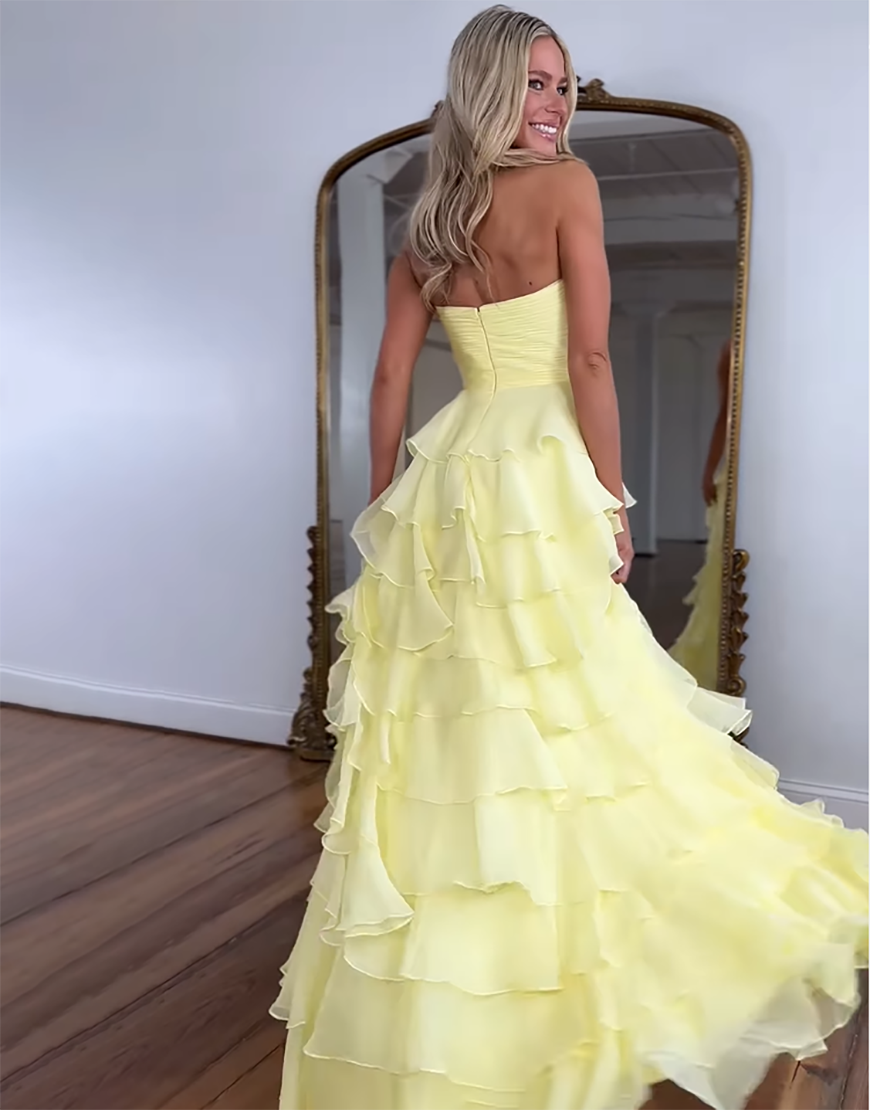 Fuchsia A-Line Strapless Ruffles Bow Chiffon Long Prom Dress with Slit