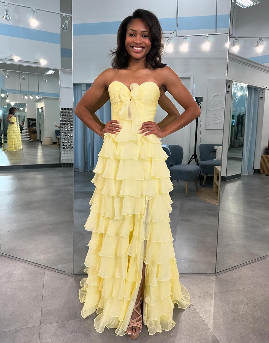 Fuchsia A-Line Strapless Ruffles Bow Chiffon Long Prom Dress with Slit