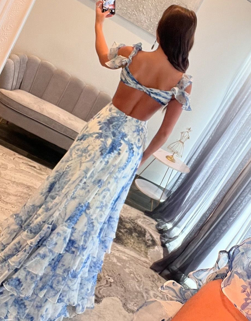 White Blue Flower A-Line Cold Shoulder Ruffles Chiffon Long Prom Dress with Slit