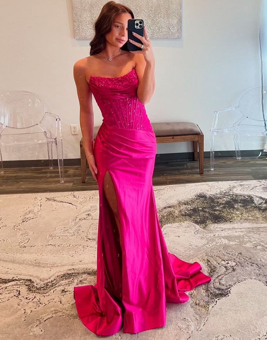 Sparkly Fuchsia Mermaid Strapless Corset Sequined Ruched Long Prom Dress with Slit