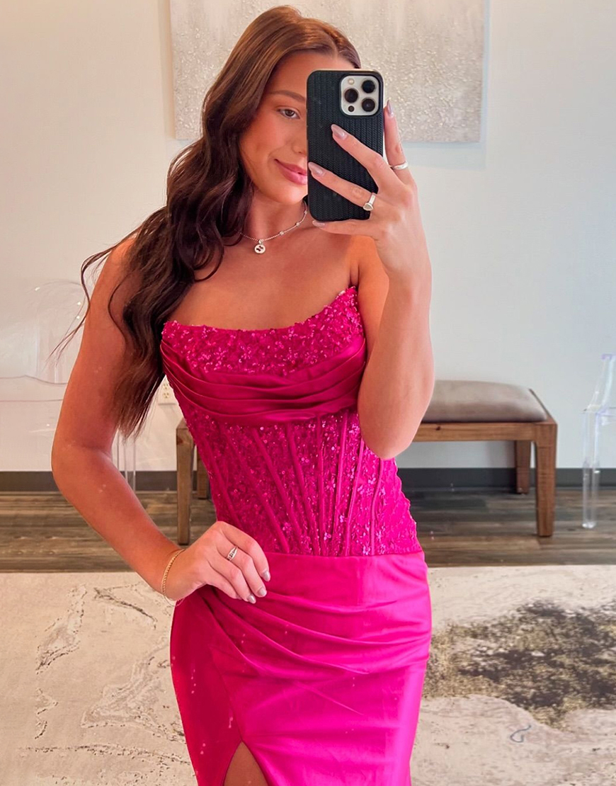Sparkly Fuchsia Mermaid Strapless Corset Sequined Ruched Long Prom Dress with Slit