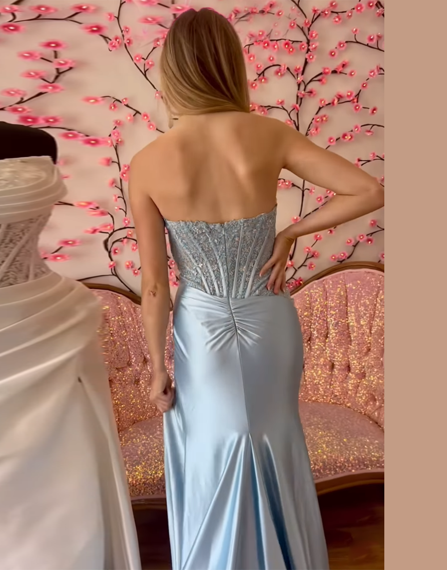 Sparkly Fuchsia Mermaid Strapless Corset Sequined Ruched Long Prom Dress with Slit