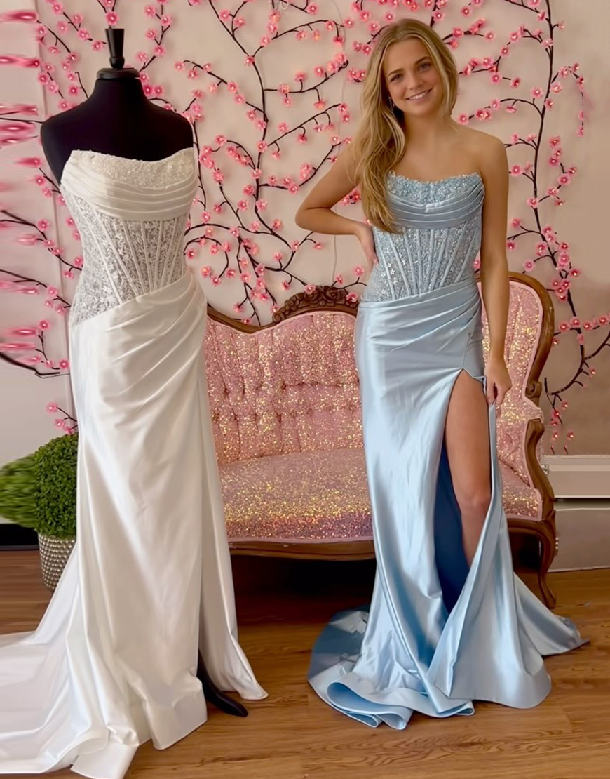 Sparkly Fuchsia Mermaid Strapless Corset Sequined Ruched Long Prom Dress with Slit