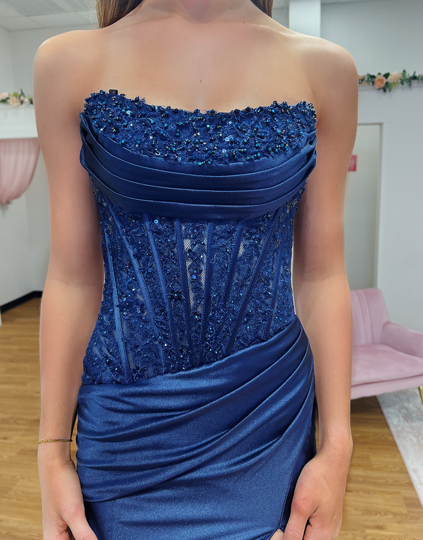 Sparkly Fuchsia Mermaid Strapless Corset Sequined Ruched Long Prom Dress with Slit