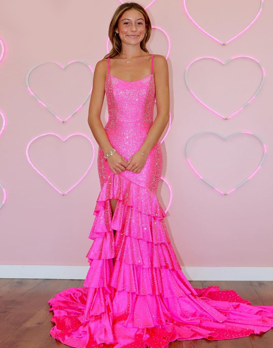 Sparkly Blue Mermaid Spaghetti Straps Beaded Ruffles Long Prom Dress with Slit