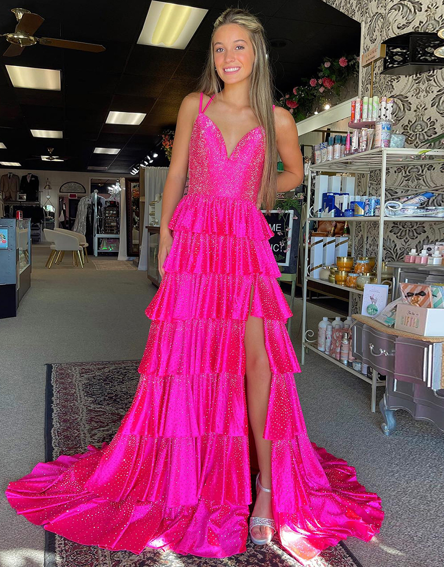 Sparkly Fuchsia A-Line Spaghetti Straps Beading Ruffles Long Prom Dress with Slit
