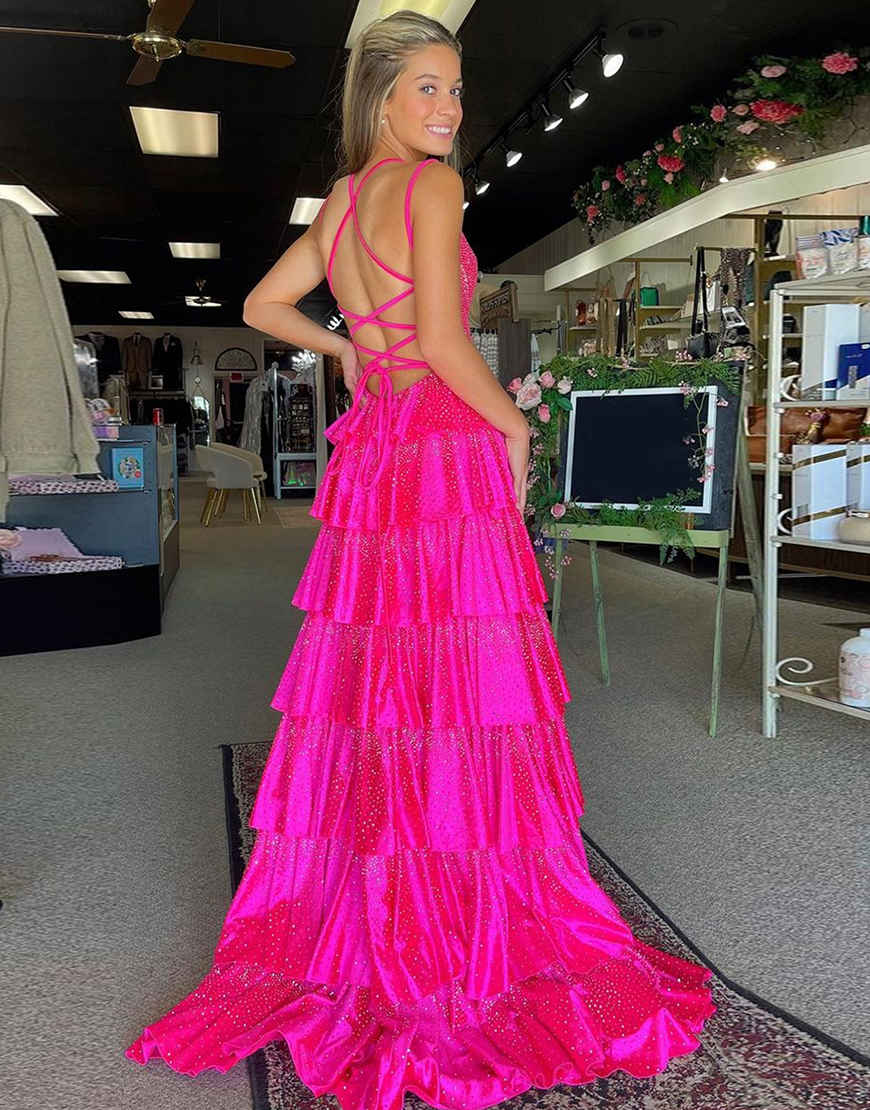 Sparkly Fuchsia A-Line Spaghetti Straps Beading Ruffles Long Prom Dress with Slit