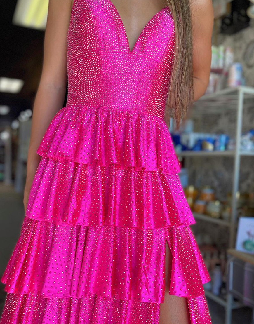 Sparkly Fuchsia A-Line Spaghetti Straps Beading Ruffles Long Prom Dress with Slit