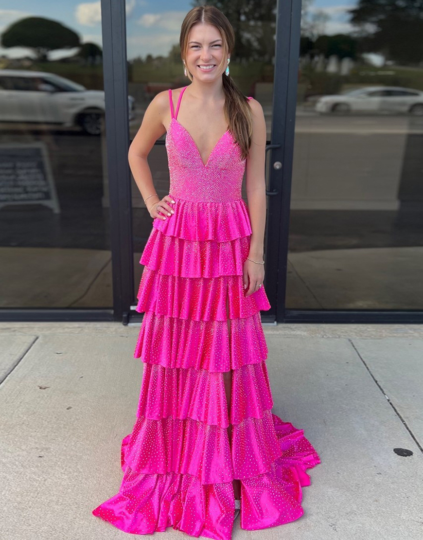 Sparkly Fuchsia A-Line Spaghetti Straps Beading Ruffles Long Prom Dress with Slit