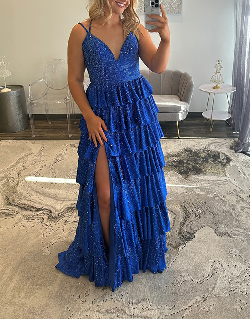 Sparkly Fuchsia A-Line Spaghetti Straps Beading Ruffles Long Prom Dress with Slit