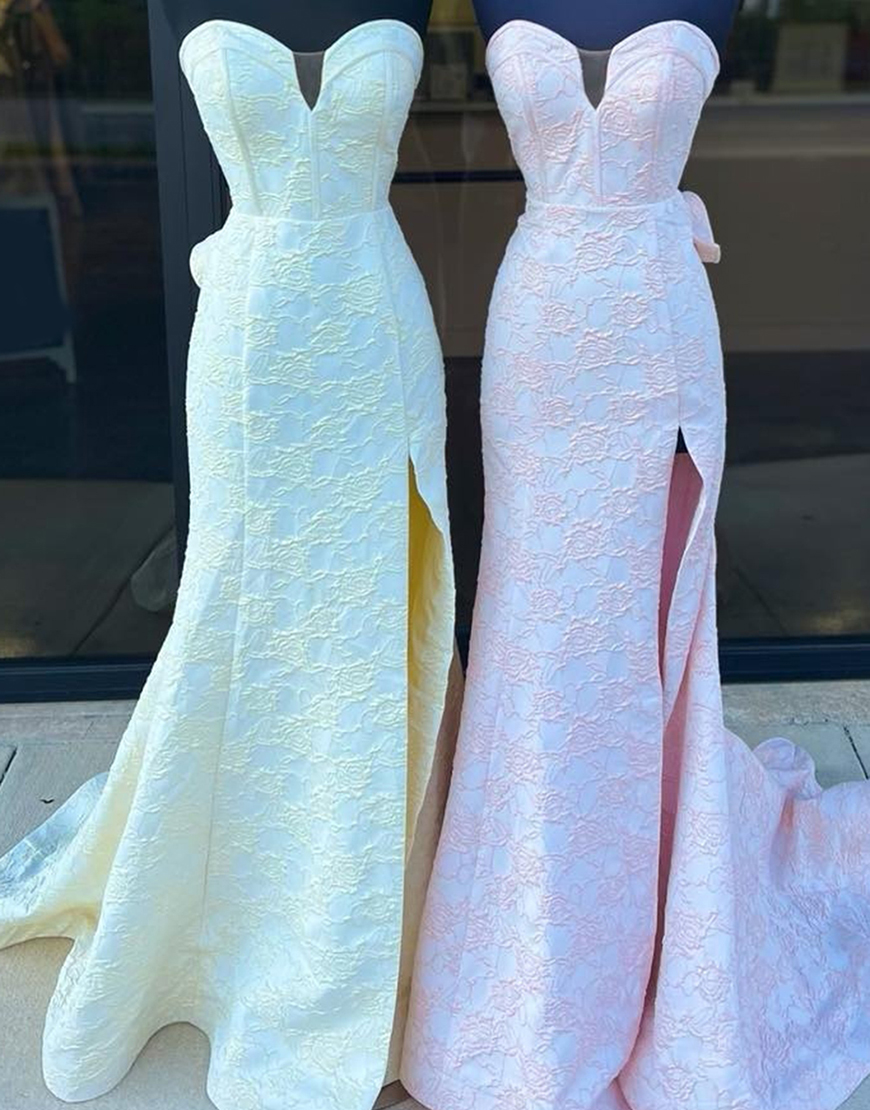Pink Mermaid Strapless Corset Floral Ruffle Long Prom Dress with Slit
