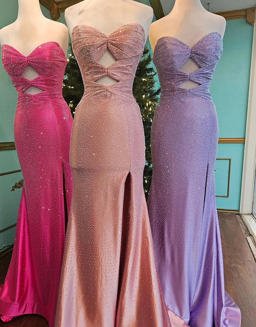 Sparkly Fuchsia Mermaid Strapless Beaded Hollow Out Long Prom Dress with Slit