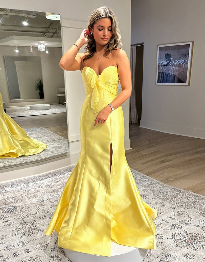 Yellow Mermaid Strapless Bow Long Prom Dress with Slit