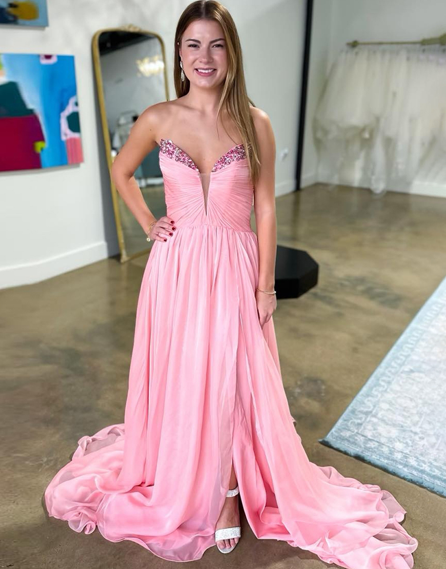 Sparkly Pink A-Line Rhinestones Strapless Ruched Long Prom Dress with Slit