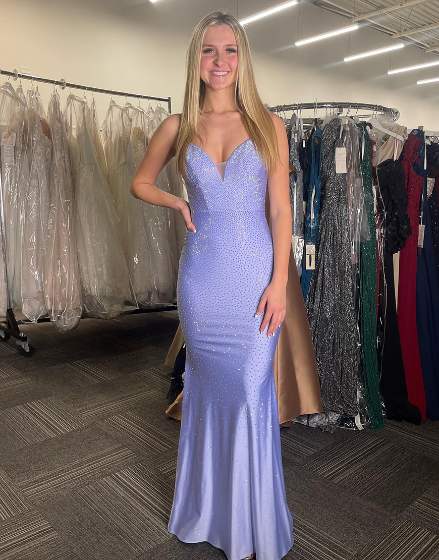 Lilac Mermaid Spaghetti Straps Beaded Open Back Long Prom Dress