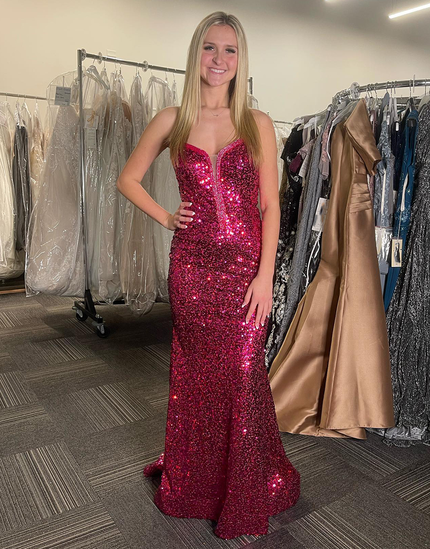 Sparkly Fuchsia Mermaid Strapless Sequins Long Prom Dress