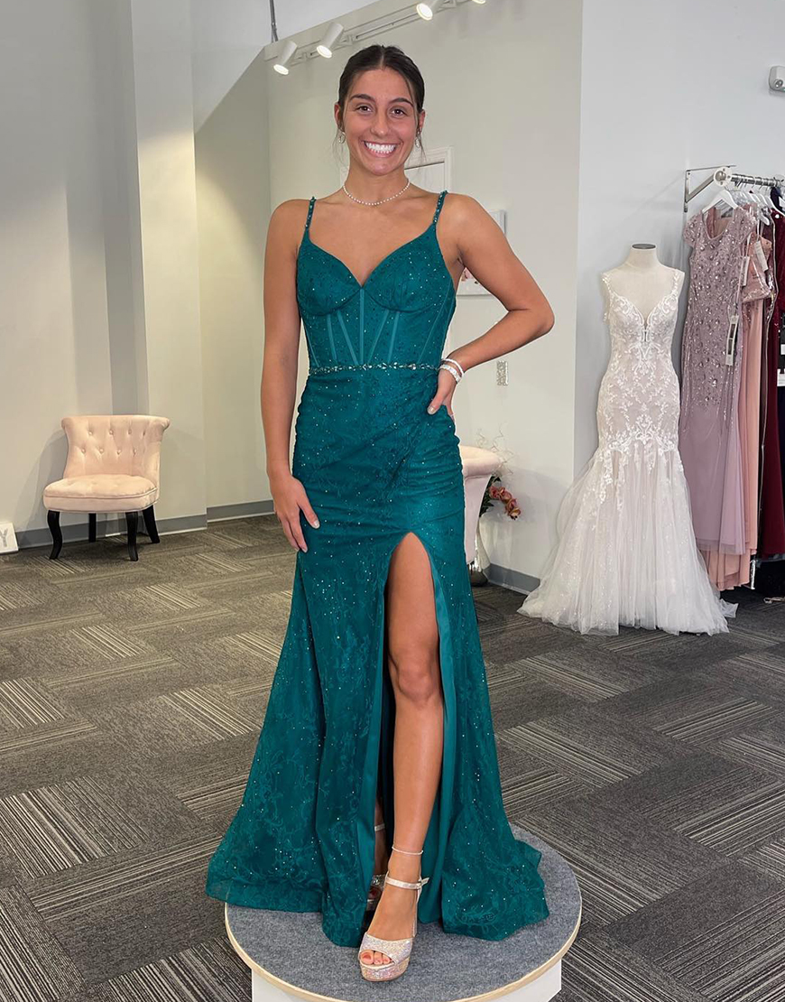 Sparkly Emerald Green Mermaid Spaghetti Straps Corset Beaded Lace Long Prom Dress with Slit