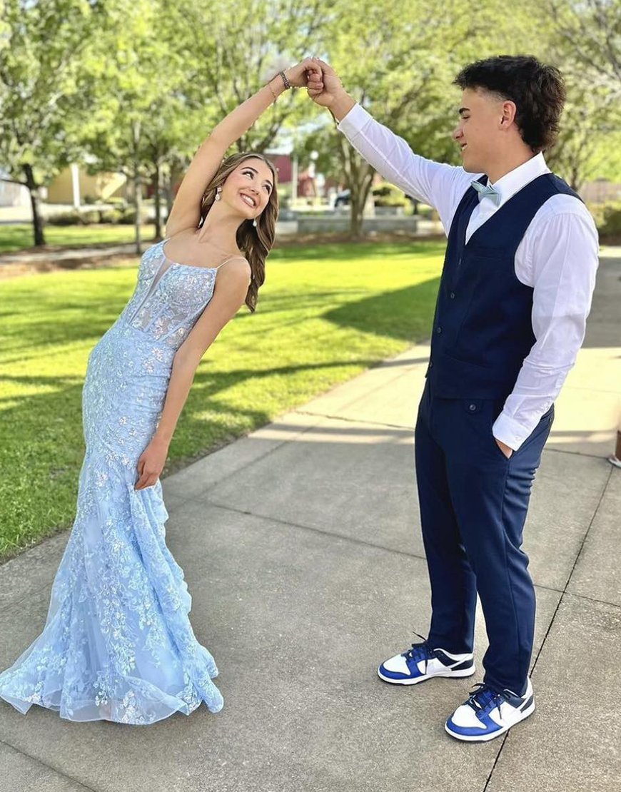 Sparkly Blue Mermaid Spaghetti Straps Sequined Appliques Long Prom Dress