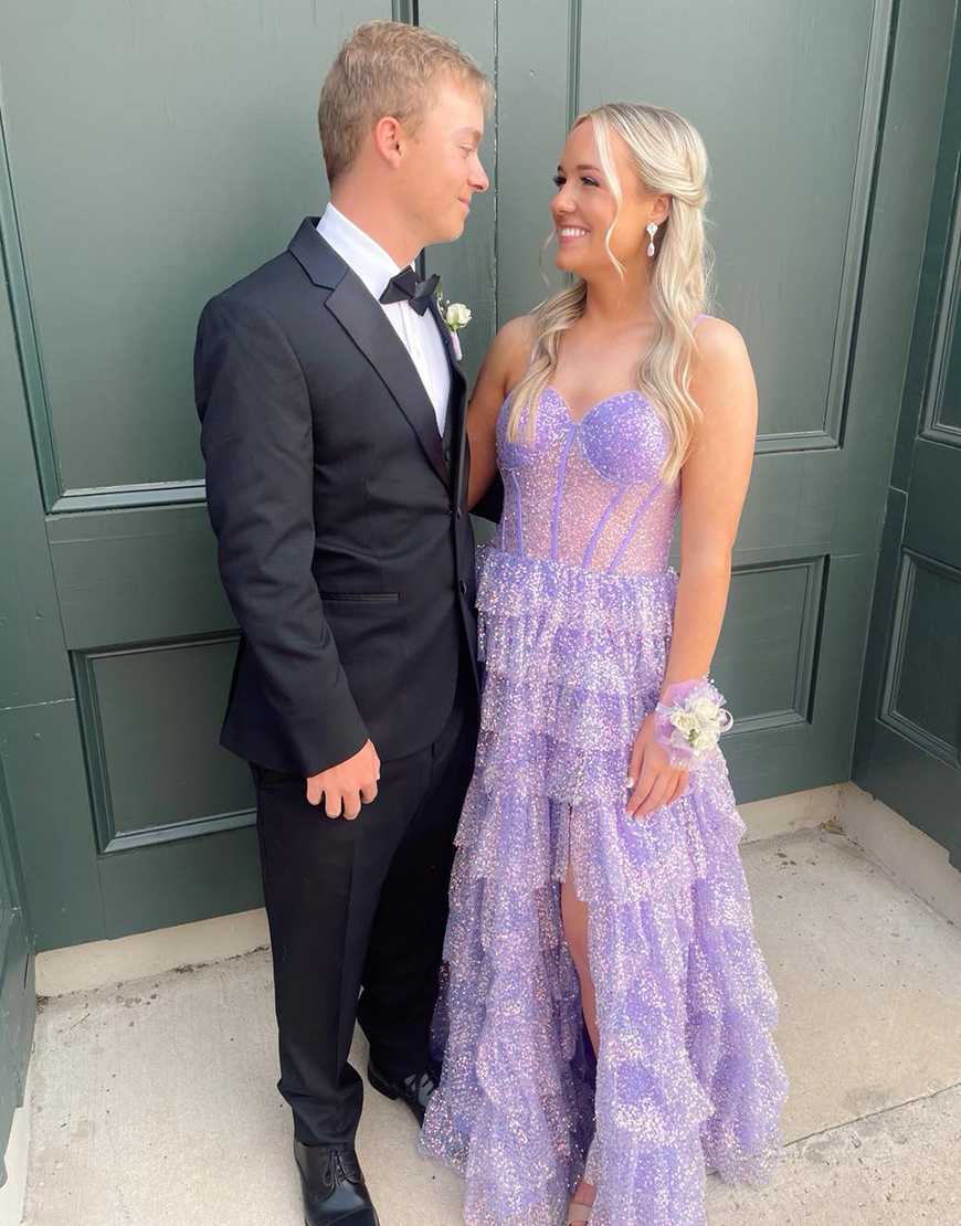 Sparkly Lilac A-Line Spaghetti Straps Sequins Corset Ruffles Tulle Long Prom Dress with Slit