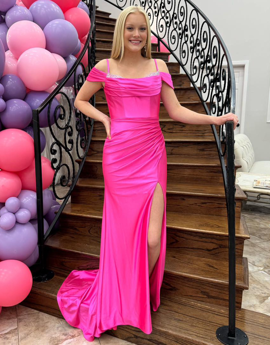 Sparkly Fuchsia Mermaid Cold Shoulder Beaded Ruched Long Prom Dress with Slit