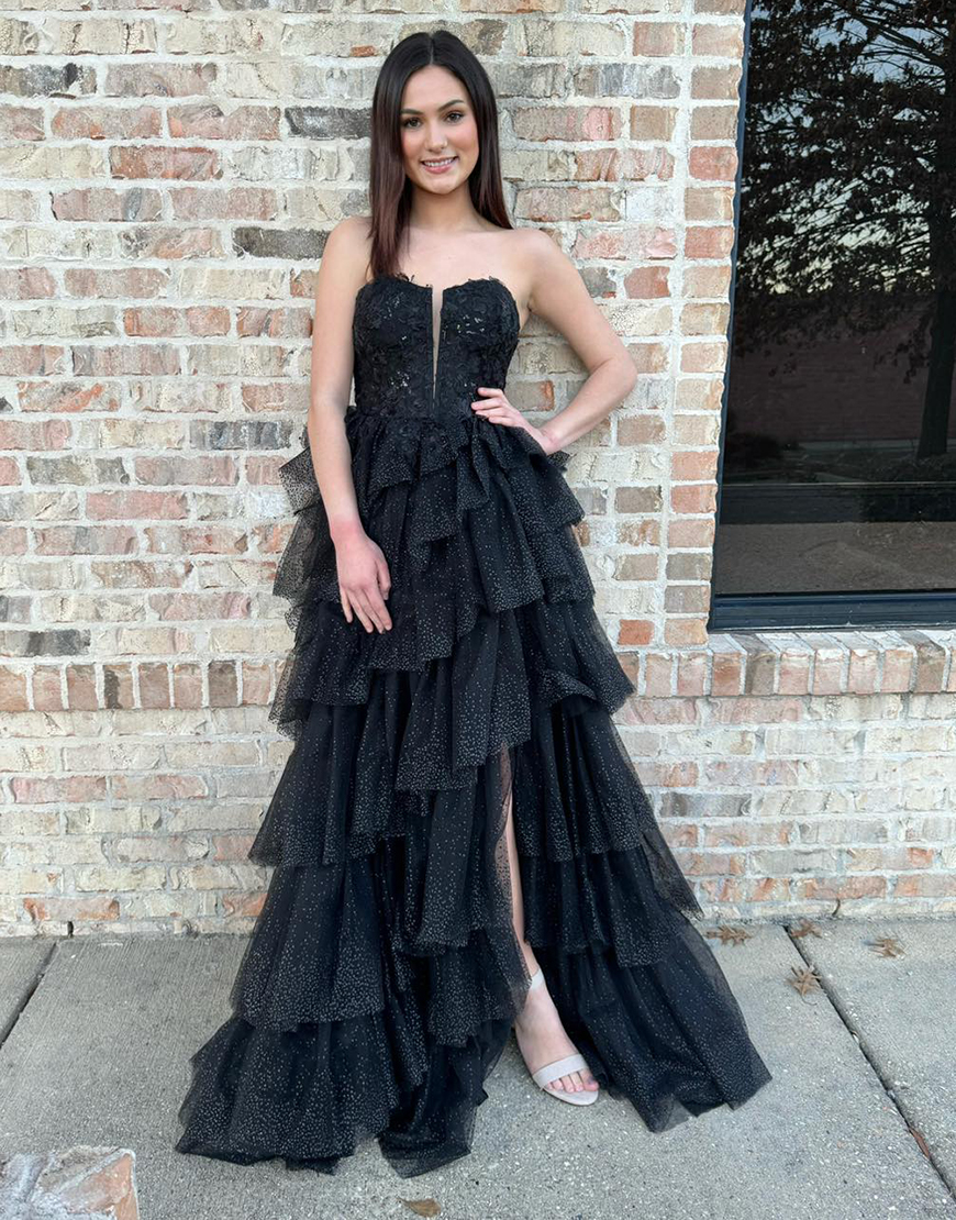 Sparkly Black A-Line Strapless Appliques Corset Ruffles Tulle Long Prom Dress with Slit