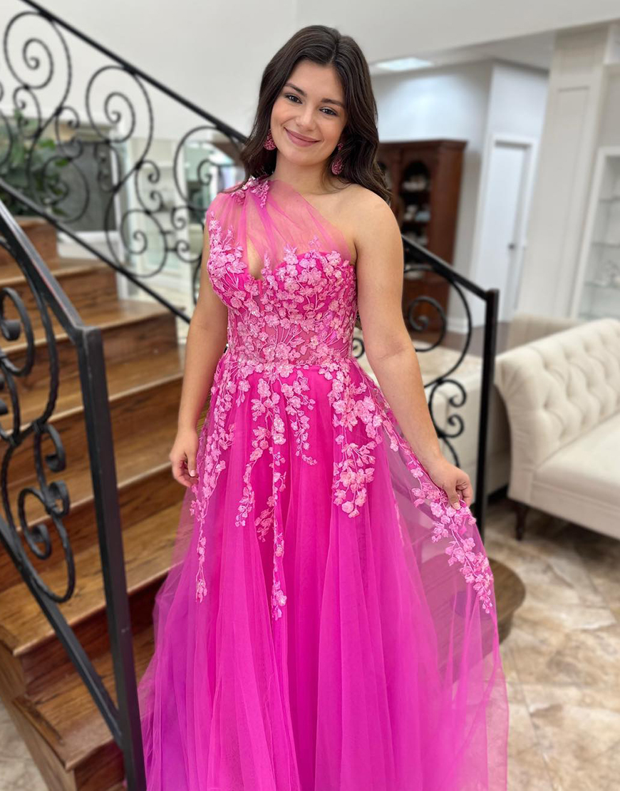 Fuchsia A-Line One Shoulder Appliques Corset Tulle Long Prom Dress