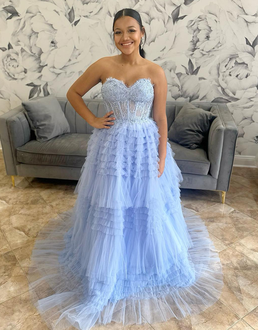 Sparkly Light Blue A-Line Strapless Sequined Lace Top Ruffles Tulle Long Prom Dress