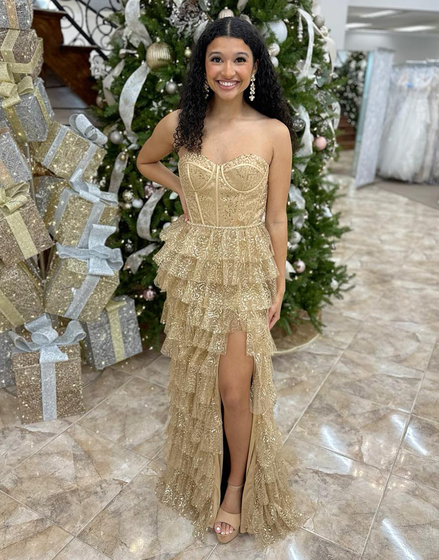 Sparkly Gold Sheath Strapless Sequined Corset Ruffles Tulle Long Prom Dress with Slit
