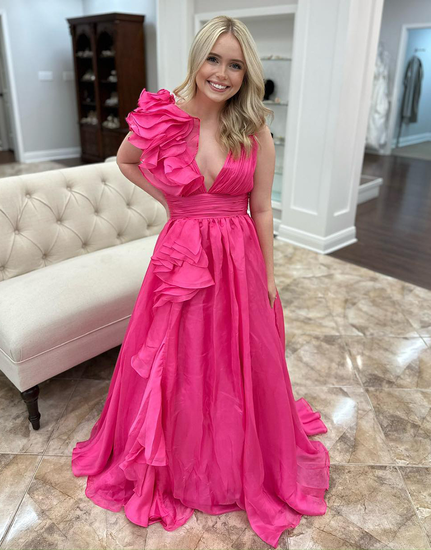 Fuchsia A-Line Ruffled V Neck Open Back Long Prom Dress