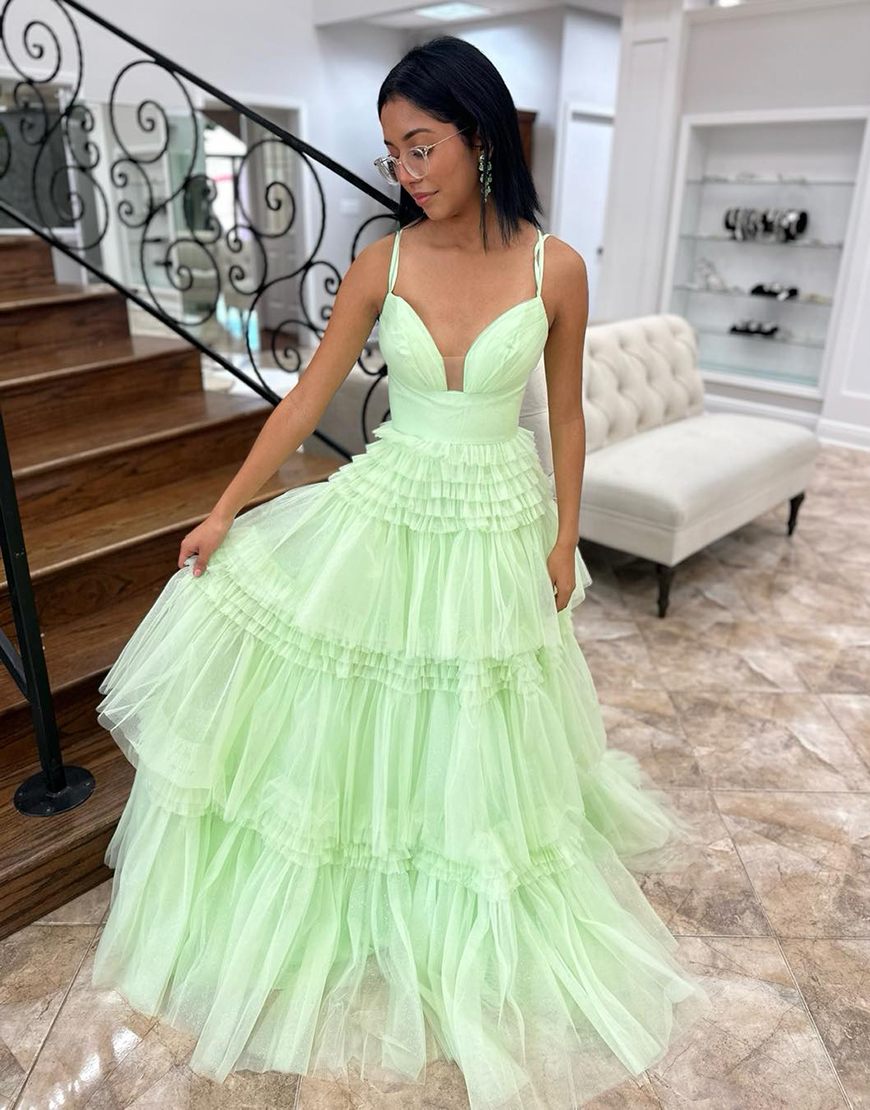 Mint A-Line Spaghetti Straps Ruffles Tulle Lace-Up Long Prom Dress