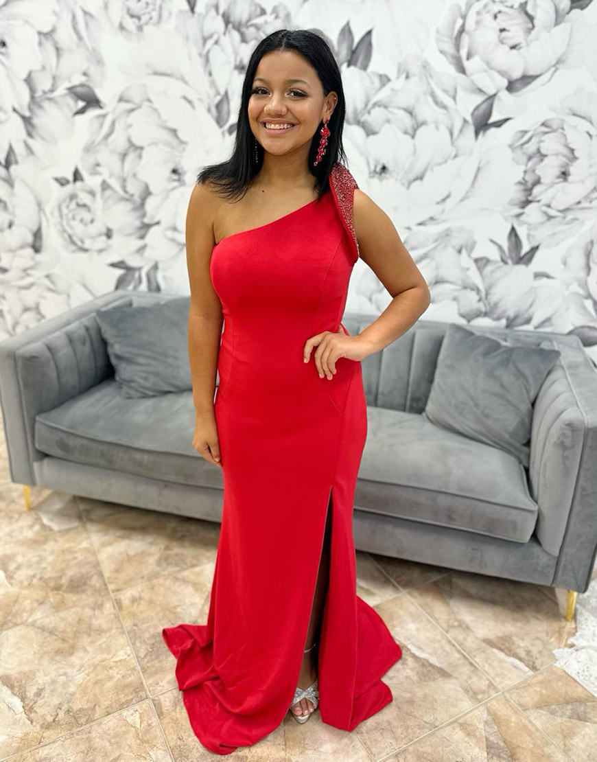 Sparkly Red Mermaid Beaded One Shoulder Long Prom Dress with Slit