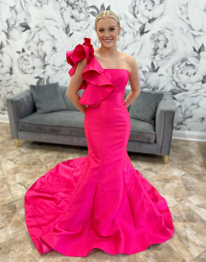 Fuchsia Ruffled One Shoulder Mermaid Long Prom Dress