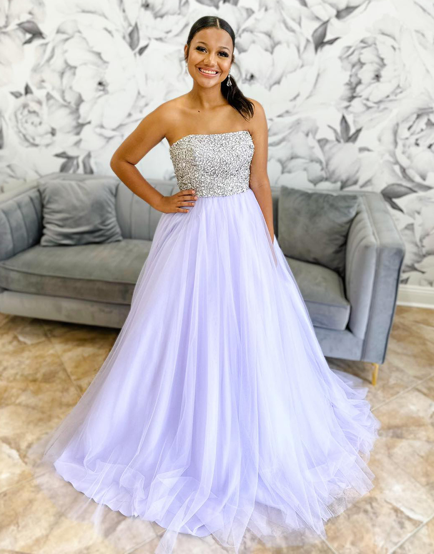 Sparkly Lilac A-Line Strapless Sequins Tulle Long Prom Dress