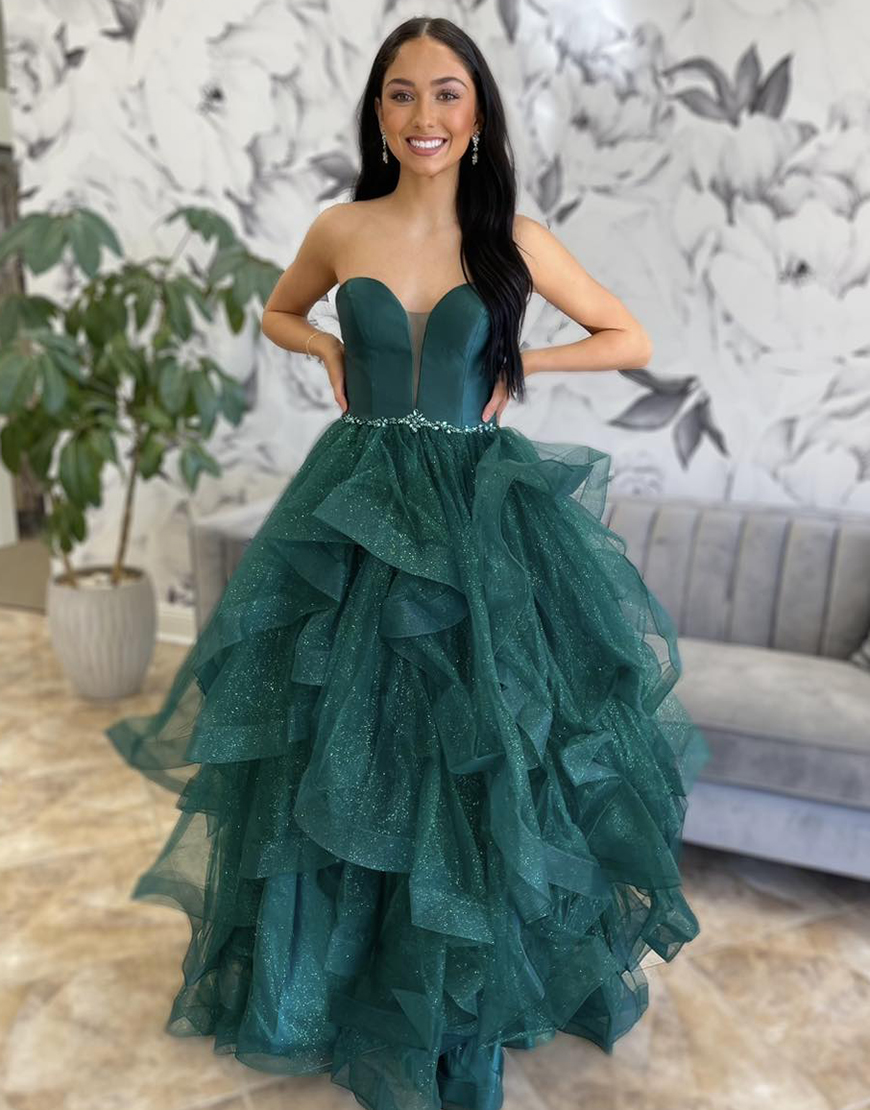 Sparkly Emerald Green A-Line Strapless Rhinestones Ruffles Tulle Long Prom Dress