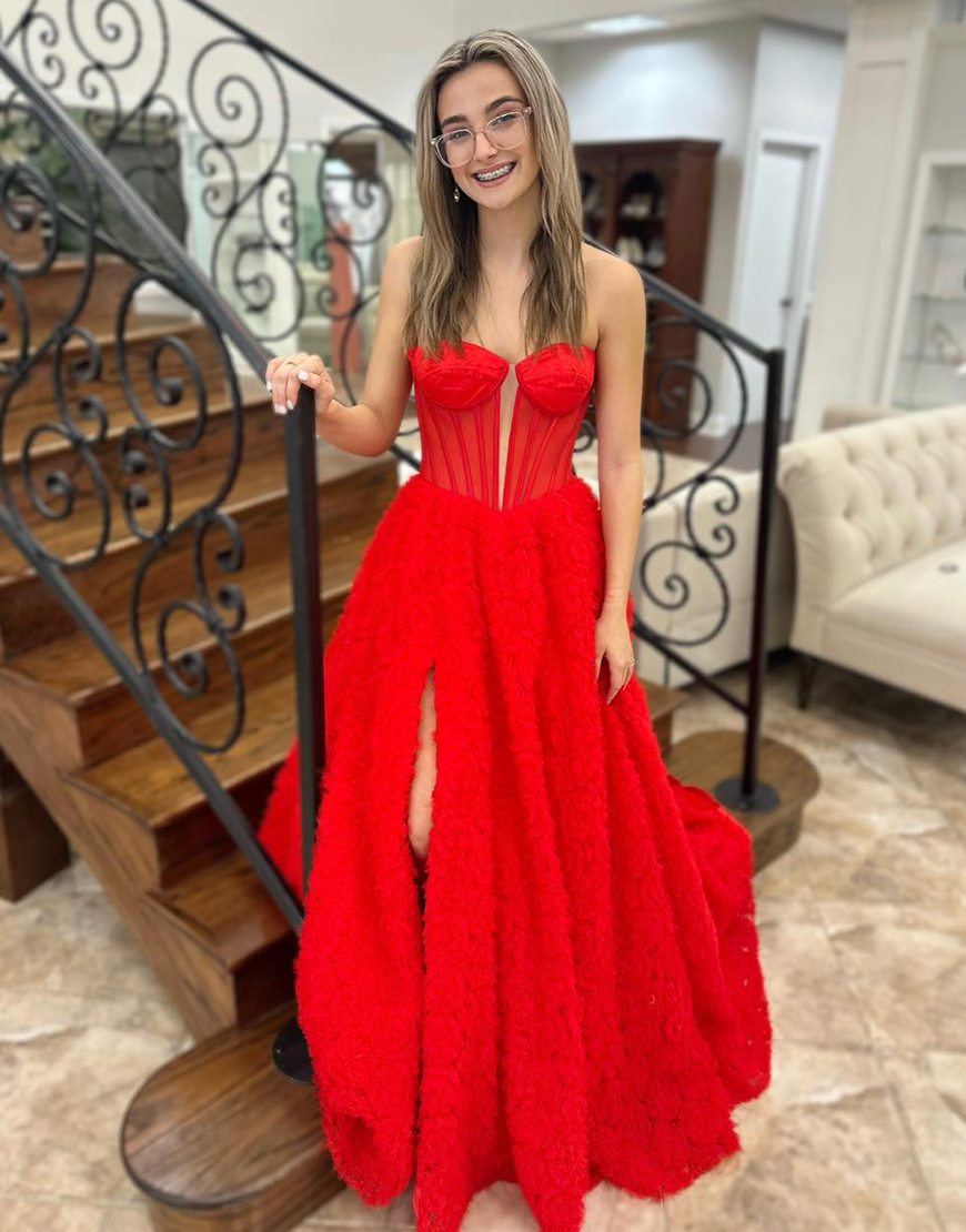 Red A-Line Strapless Corset Ruffles Tulle Long Prom Dress with Slit