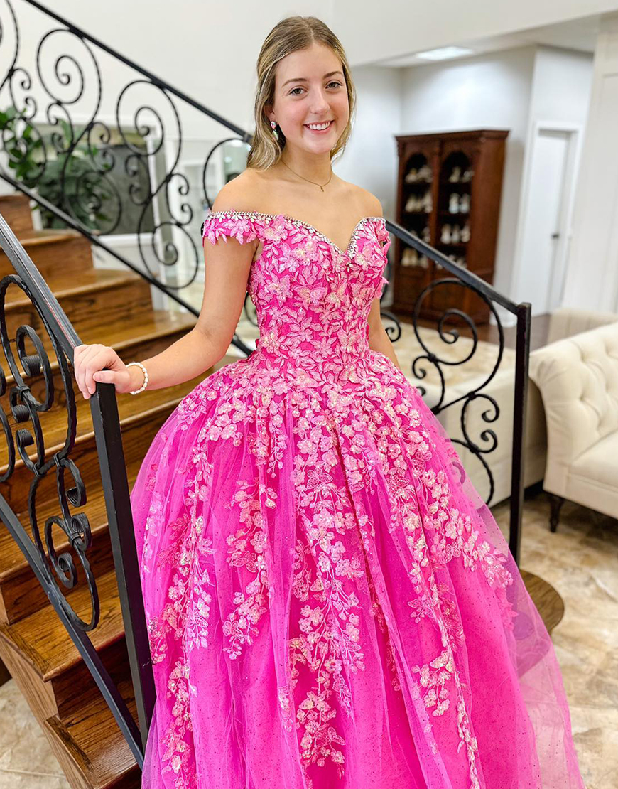 Sparkly Hot Pink A-Line Off the Shoulder Sequined Appliques Tulle Rhinestones Long Prom Dress