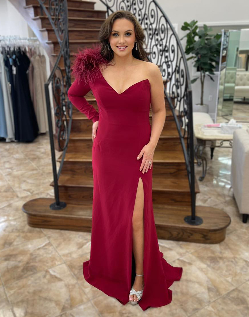 Burgundy Mermaid Feather One Shoulder Long Sleeve Long Prom Dress with Slit