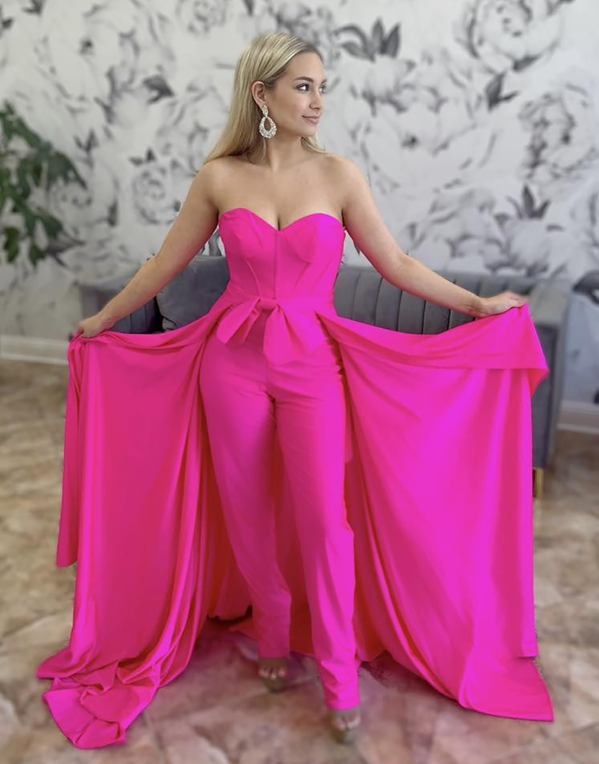 Fuchsia Strapless Corset Jumpsuit with Sweeping Train